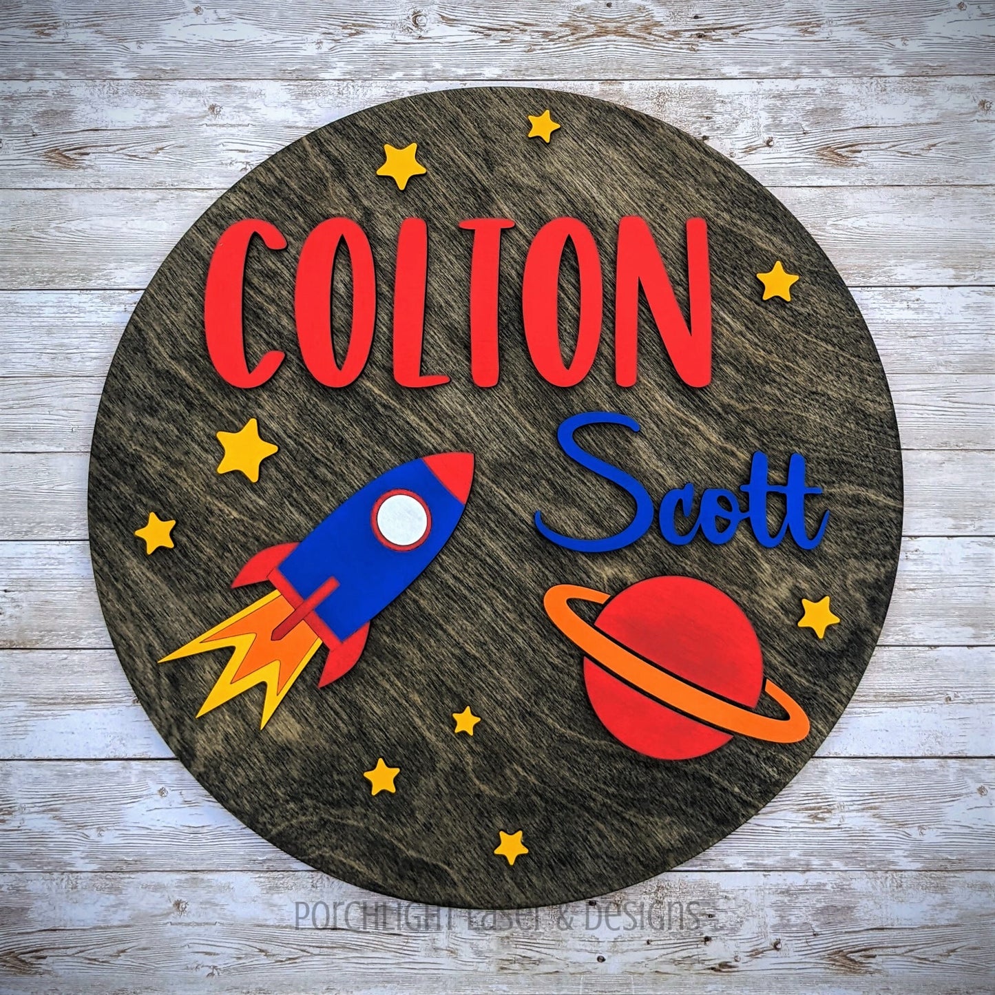 Space Round Name Sign - Nursery, Child, Baby Shower Gift