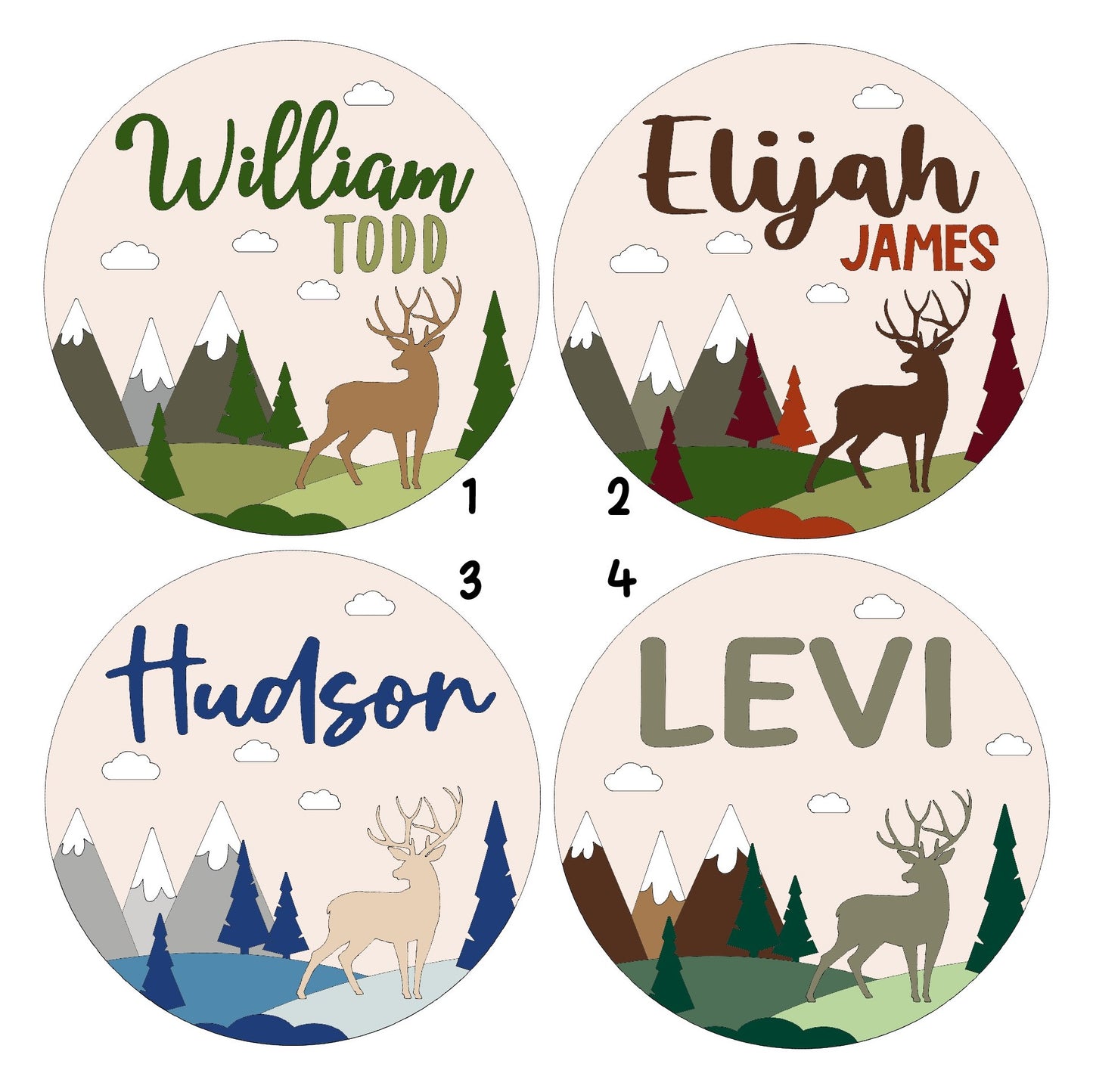 Mountain Deer Round Name Sign - Nursery, Child, Baby Shower Gift