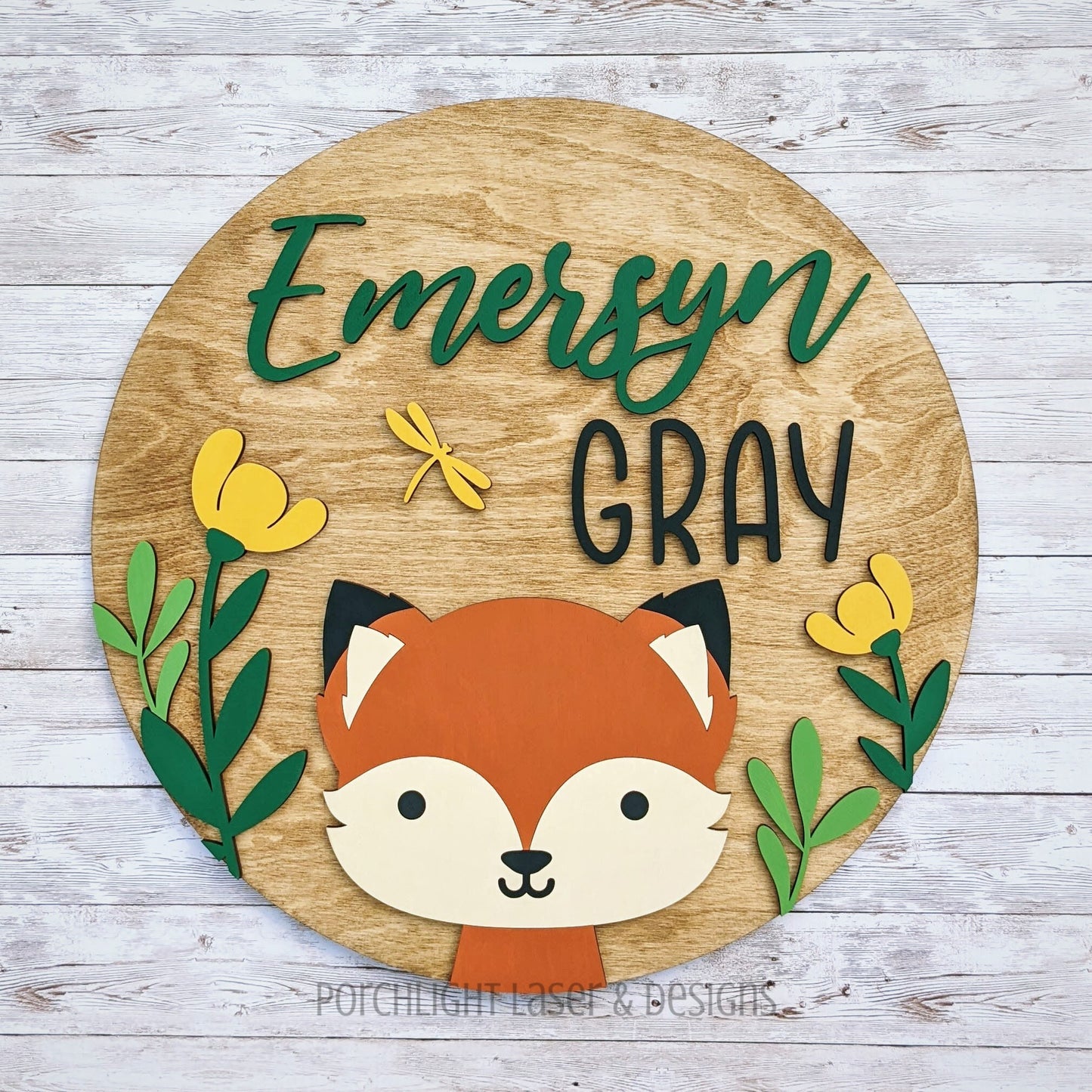 Woodland Fox Round Name Sign - Nursery, Child, Baby Shower Gift