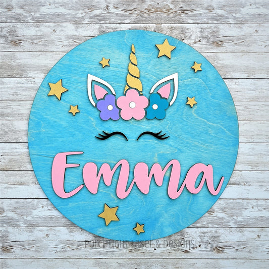 Unicorn Round Name Sign - Nursery, Child, Baby Shower Gift