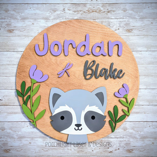 Woodland Raccoon Round Name Sign - Nursery, Child, Baby Shower Gift