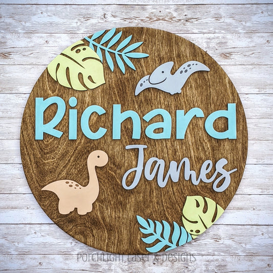 Dinosaur Round Name Sign - Nursery, Child, Baby Shower Gift