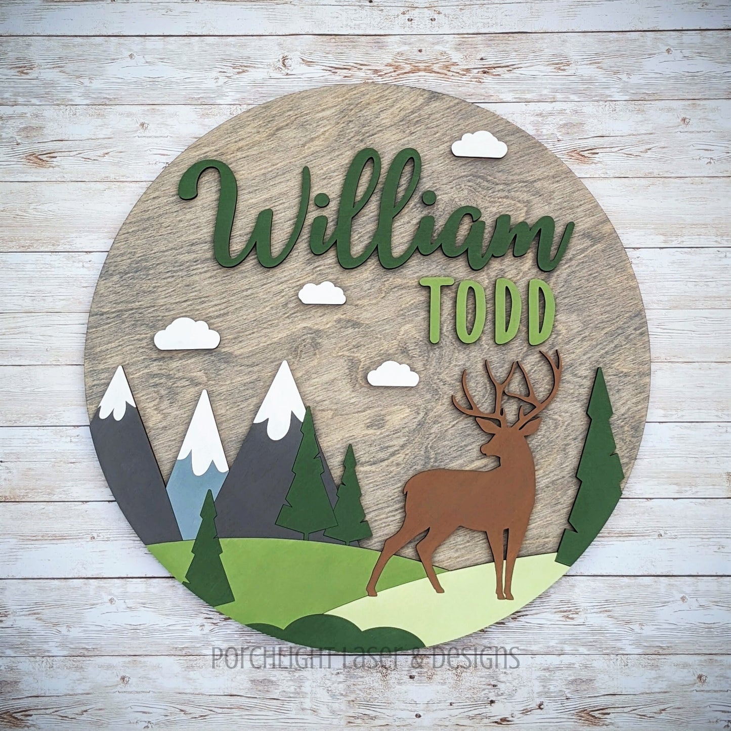 Mountain Deer Round Name Sign - Nursery, Child, Baby Shower Gift