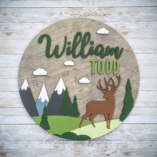 Mountain Deer Round Name Sign - Nursery, Child, Baby Shower Gift